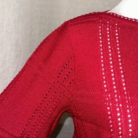 ILGWU S Cerise Pink Boatneck Reverse Knit Eyelet Pullover Sweater Crochet Trim - Picture 6 of 11